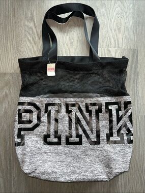 NWT PINK Victoria's Secret Grey & Black Mesh Logo Tote